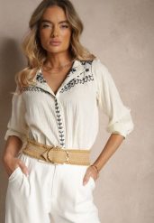 Beżowa Bawełniana Koszula Boho z Haftowanym Wzorem Gonniva. Brązowe koszule damskie Renee, l, bez wzorów, z bawełny, boho, bez kołnierzyka, bez ramiączek. Za 84.99 zł.