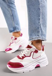 Biało-Fuksjowe Sneakersy na Grubej Podeszwie ze Wstawkami z Perforacją Lanya. Białe obuwie sportowe damskie Renee, bez zapięcia. Za 69.99 zł.
