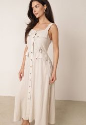 Beżowa Letnia Sukienka na Ramiączkach w Stylu Safari z Wiskozą i Dodatkiem Lnu Enotea. Brązowe sukienki damskie Born2be, bez wzorów, ze lnu, eleganckie, bez ramiączek. Za 179.99 zł.