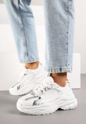 Biało-Srebrne Sneakersy Vices na Grubej Podeszwie z Tłoczeniami Nativine. Białe obuwie sportowe damskie Born2be, z jeansu, bez zapięcia. Za 89.99 zł.