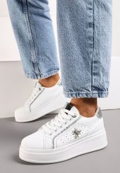 Białe Sneakersy na Grubej Podeszwie z Brokatowymi Akcentami i Metaliczną Aplikacją Owada Lolienta. Białe obuwie sportowe damskie Born2be, na lato, bez zapięcia, trekkingowe. Za 84.99 zł.