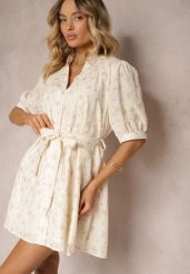 Beżowo-Różowa Trapezowa Sukienka o Kroju Koszulowym Ozdobiona Materiałowym Paskiem w Talii Darnagia. Brązowe sukienki damskie Renee, bez wzorów, z materiału, eleganckie, bez ramiączek. Za 189.99 zł.