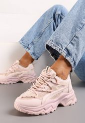 Różowe Sneakersy na Masywnej Podeszwie z Siateczkowym Wstawkami i Ozdobnymi Sznurówkami Ollavia. Czerwone obuwie sportowe damskie Renee, bez zapięcia. Za 89.99 zł.