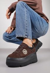 Brązowe Sneakersy Vices na Platformie Ozdobione Metaliczną Aplikacją Tatellia. Brązowe obuwie sportowe damskie Renee, z jeansu, bez zapięcia. Za 129.99 zł.