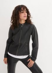Kurtka biker ze sztucznej skóry. Czarne kurtki damskie bonprix, bez wzorów, ze skóry, bez kaptura. Za 79.99 zł.
