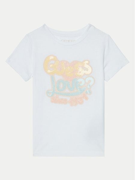 Guess T-Shirt K5RI06 K6YW4 Biały Regular Fit. Białe koszulki i t-shirty dziewczęce Guess, z aplikacjami, z bawełny, bez kołnierzyka, bez ramiączek. Za 59.99 zł.