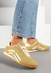 Żółte Sneakersy z Przeszyciami i Ozdobnymi Paskami na Boku Beniffa. Żółte obuwie sportowe damskie Born2be, bez zapięcia. Za 84.99 zł.