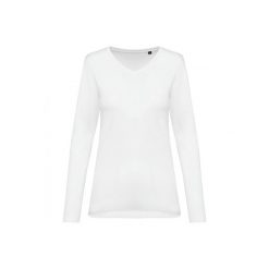 Damska koszulka z długim rękawem suprima v-neck Kariban Premium. Białe koszulki damskie KARIBAN, bez wzorów, z bawełny, bez kołnierzyka, bez ramiączek. Za 136.00 zł.