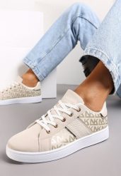 Beżowo-Złote Sneakersy z Printem Casica. Brązowe obuwie sportowe damskie Renee, bez zapięcia. Za 79.99 zł.
