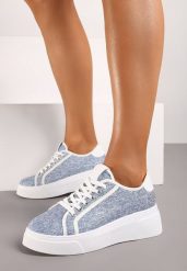 Niebieskie Sznurowane Sneakersy na Niskiej Platformie Dimiana. Niebieskie obuwie sportowe damskie Renee, z jeansu, bez zapięcia. Za 79.99 zł.