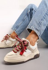 Ciemnobeżowe Sneakersy na Płaskiej Podeszwie z Grubymi Sznurówkami i Przeszyciami Joliat. Brązowe obuwie sportowe damskie Renee, z jeansu, bez zapięcia. Za 89.99 zł.