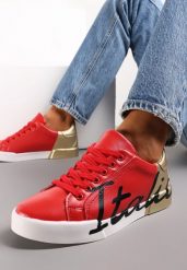 Czerwono-Złote Sneakersy z Ozdobnym Nadrukiem Arenthea. Czerwone obuwie sportowe damskie Renee, bez zapięcia. Za 44.99 zł.