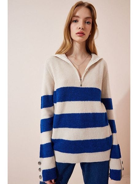 Happiness Istanbul Sweter w kolorze kremowo-niebieskim rozmiar: onesize. Brązowe swetry klasyczne damskie Happiness Istanbul, z wełny, bez kołnierzyka. Za 78.99 zł.