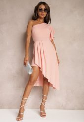 Różowa Asymetryczna Sukienka Wieczorowa na Jedno Ramię Ozdobiona Falbankami Vimasira. Czerwone sukienki damskie Renee, bez wzorów, eleganckie, bez ramiączek. W wyprzedaży za 75.99 zł.