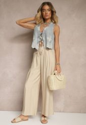 Beżowe Szerokie Spodnie High Waist z Wiskozy z Gumką w Talii Lannalie. Brązowe spodnie materiałowe damskie Renee, bez wzorów, z jeansu. Za 54.99 zł.