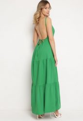Zielona Rozkloszowana Sukienka na Ramiączkach Zawiązywana z Tyłu z Elastyczną Gumką w Talii Grililena. Zielone sukienki damskie Born2be, bez wzorów, bez ramiączek. Za 49.99 zł.