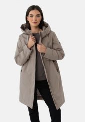 Płaszcz damski z kapturem J-AGATE. Szare płaszcze damskie Volcano, na jesień, plus size, bez wzorów, z materiału, z kapturem. Za 369.99 zł.