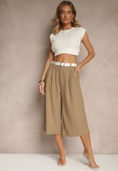 Brązowe Eleganckie Spodnie Typu Culottes Silunea. Brązowe spodnie materiałowe damskie Renee, bez wzorów, z jeansu. Za 74.99 zł.