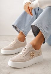 Beżowe Sneakersy Skórzane na Grubej Podeszwie z Geometryczną Ozdobą Syrolphi. Brązowe obuwie sportowe damskie Born2be, z jeansu, bez zapięcia. Za 179.99 zł.