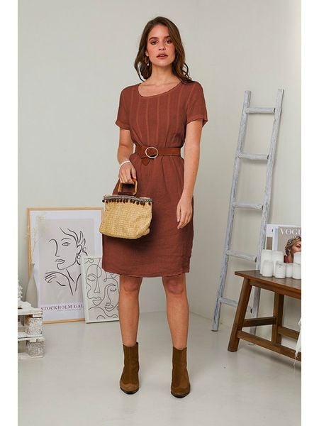 Rodier Lin Lniana sukienka w kolorze brązowym rozmiar: XL/XXL. Brązowe sukienki damskie Rodier Lin, bez wzorów, ze lnu, bez ramiączek. Za 126.75 zł.