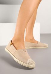 Ciemnobeżowe Espadryle z Elastyczną Wstawką Zdobione Plecionką Kinellis. Brązowe espadryle damskie Renee, z aplikacjami, bez obcasa. Za 39.99 zł.