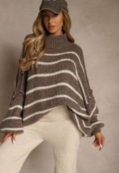 Brązowy Oversizowy Golf w Paski z Dodatkiem Wełny i Wiskozy Nezella. Brązowe golfy damskie Renee, bez wzorów, z jeansu, bez ramiączek. Za 159.99 zł.