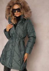 Zielona Długa Pikowana Kurtka w Stylu Parki z Troczkiem w Pasie i Sztucznym Futerkiem Abelasa. Zielone kurtki damskie Renee, l, bez wzorów, bez kaptura. Za 299.99 zł.
