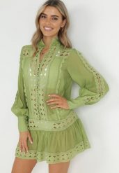 Zielona Pudełkowa Tunika z Koronką i Długim Rękawem Ahrar. Zielone sukienki damskie Born2be, bez wzorów, z koronki, bez ramiączek. Za 149.99 zł.