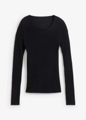 Sweter w prążek z wełny merino. Czarne swetry klasyczne damskie bonprix, na jesień, ze skóry, bez kołnierzyka. Za 189.99 zł.