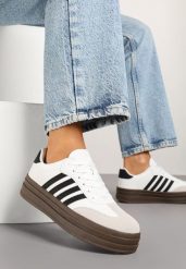 Biało-Czarne Sneakersy Tenisówki Ozdobione Paskami Naire. Białe obuwie sportowe damskie Born2be, bez wzorów, z jeansu, bez zapięcia. Za 109.99 zł.