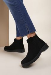 Czarne Zamszowe Botki Hillridge. Czarne botki damskie Renee, z zamszu, eleganckie, za kostkę, bez obcasa, na płaskiej podeszwie, bez zapięcia. Za 84.99 zł.