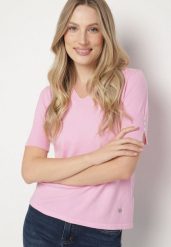 Różowa Sweterkowa Bluzka z Dekoltem w Serek Fenidea. Czerwone bluzki damskie Born2be, l, bez wzorów, z jeansu, eleganckie, bez kołnierzyka, bez ramiączek. Za 49.99 zł.