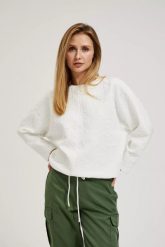 Bluza z okrąłym dekoltem i wiązaniem w pasie biała. Białe bluzy damskie MOODO, m, bez wzorów, bez kaptura. W wyprzedaży za 59.98 zł.
