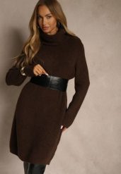 Brązowa Sweterkowa Sukienka Golf z Wełną i Wiskozą Fedorina. Brązowe sukienki damskie Renee, bez wzorów, z wełny, bez ramiączek. Za 179.99 zł.