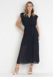 Granatowa Sukienka Aereira. Niebieskie sukienki damskie Born2be, bez wzorów, z materiału, glamour, bez ramiączek. Za 149.99 zł.