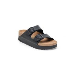 Klapki damskie Birkenstock Arizona Pap Flex Platform. Czarne klapki damskie Birkenstock, bez wzorów, z materiału, bez obcasa, bez zapięcia. Za 423.90 zł.