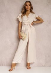 Jasnobeżowy Kombinezon z Wiskozy Zotolio. Brązowe sukienki damskie Renee, bez wzorów, z materiału, eleganckie, bez ramiączek. W wyprzedaży za 55.99 zł.