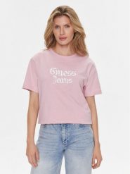 Guess T-Shirt Gothic W4RI49 K6XN4 Fioletowy Regular Fit. Fioletowe t-shirty damskie Guess, m, z aplikacjami, z bawełny, bez kołnierzyka. Za 219.99 zł.