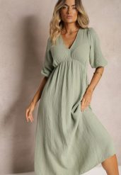 Ciemnozielona Sukienka z Bawełny Ozdobiona Wiązaniem i Gumką w Pasie Wlarina. Zielone sukienki damskie Renee, bez wzorów, z bawełny, bez ramiączek. Za 139.99 zł.