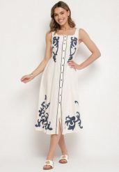 Beżowa Sukienka z Bawełny Ozdobiona Haftami i Guzikami Milarietta. Brązowe sukienki damskie Born2be, bez wzorów, z bawełny, eleganckie, bez ramiączek. Za 149.99 zł.