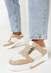 Ciemnobeżowe Sneakersy ze Wstawkami i Sznurowaniem Kamilise. Brązowe obuwie sportowe damskie Born2be, z jeansu, bez zapięcia. Za 89.99 zł.