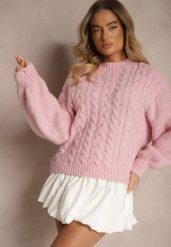 Różowy Sweter z Wełną o Eleganckim Warkoczowym Splotem Makkaria. Czerwone swetry klasyczne damskie Renee, na jesień, z jeansu, bez kołnierzyka. Za 139.99 zł.