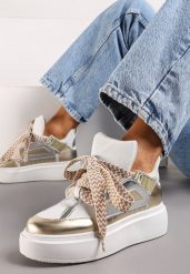 Biało-Złote Sneakersy Na Niskiej Platformie z Szerokimi Sznurówkami we Wzorek Vidira. Białe obuwie sportowe damskie Renee, z materiału, bez zapięcia. Za 99.99 zł.