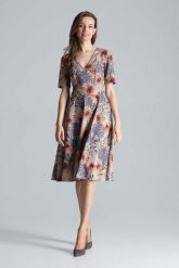 Klasyczna Rozkloszowana Sukienka za Kolano z Dekoltem V Wzór 108. Brązowe sukienki damskie Figl, bez wzorów, z materiału, klasyczne, bez ramiączek. Za 289.00 zł.
