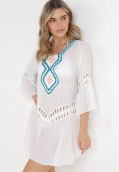 Biała Sukienka Tunika z Szydełkowym Zdobieniem Astrik. Białe sukienki damskie Born2be, z aplikacjami, bez ramiączek. Za 79.99 zł.