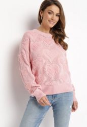 Różowy Sweter w Serca o Klasycznym Fasonie ze Ściągaczami Biriet. Czerwone swetry klasyczne damskie Born2be, m, z bawełny, bez kołnierzyka. Za 89.99 zł.