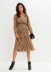 Sukienka szyfonowa z przeszyciem cienkimi gumkami. Brązowe sukienki damskie bonprix, bez wzorów, z szyfonu, eleganckie, bez ramiączek. Za 159.99 zł.