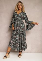 Czarno-Zielona Sukienka w Kwiatowy Print Rozkloszowana z Falbankami Airova. Czarne sukienki damskie Renee, bez wzorów, z materiału, bez ramiączek. W wyprzedaży za 75.99 zł.