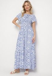 Niebiesko-Biała Rozkloszowana Sukienka z Bawełną i Abstrakcyjnym Wzorem Ldivoria. Niebieskie sukienki damskie Born2be, bez wzorów, z bawełny, eleganckie, bez ramiączek. Za 89.99 zł.