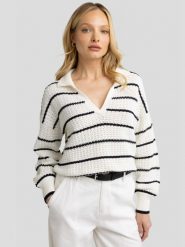 Sweter damski w paski z kołnierzem biało-czarny Nesta 000. Białe swetry klasyczne damskie Big Star, l, z jeansu, bez kołnierzyka. W wyprzedaży za 99.99 zł.